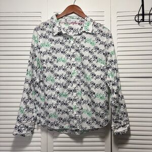 Crown & Ivy Women's Cotton Button Shirt White Green Bicycles Top Size M